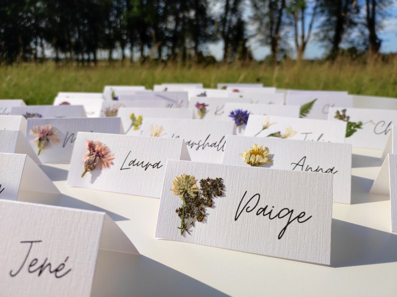 Handmade Pressed flower place cards with REAL flowers, Wedding table cards, Wedding place settings with meadow flowers, Flower Place names image 2