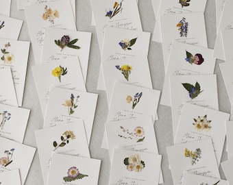 May include: A collection of white cards with pressed flowers and the text "Alena The" and "Together with their families" on each card.