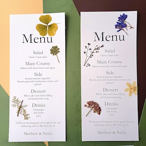Menú de boda IMPRESO con flores prensadas reales, Menú de invitados, Menú de boda con flores, Decoración de mesas de boda. Menú inspirado en la naturaleza. Menú hecho a mano.