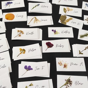 May include: A collection of white cards with pressed flowers and names written on them. The names include Jule, Sarah, Tulan, Elissa, Rick, Craig, Keith, Hilary, Laura, Kathy, Ruby, Lisa, Lisa K, Robert, Mike, Petra, Ben, Kiule, Jon F, Ethan, Max A, Blair, and Jackie.