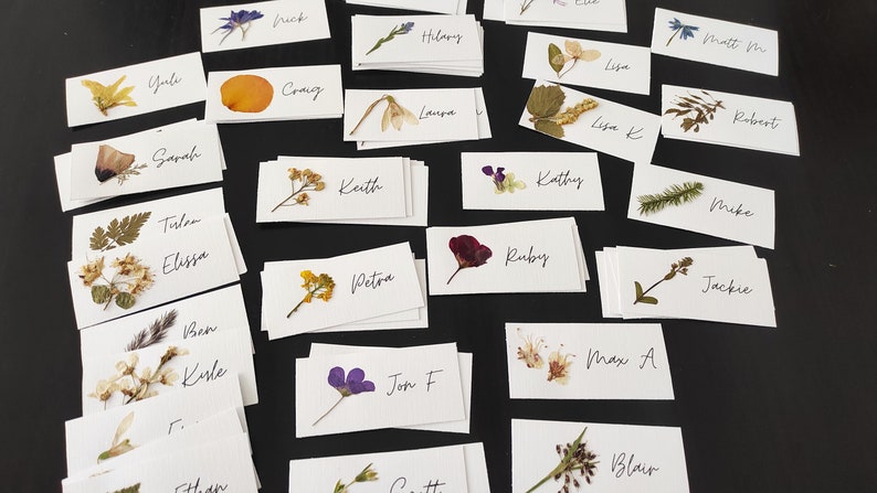May include: A collection of white cards with pressed flowers and names written on them. The names include Jule, Sarah, Tulan, Elissa, Rick, Craig, Keith, Hilary, Laura, Kathy, Ruby, Lisa, Lisa K, Robert, Mike, Petra, Ben, Kiule, Jon F, Ethan, Max A, Blair, and Jackie.