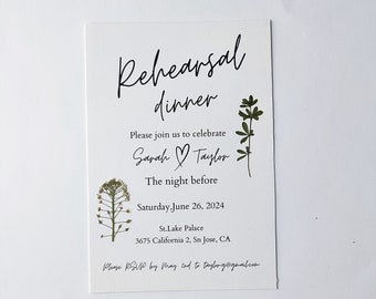 Custom Rehearsal Dinner Invitation with real pressed flowers, Botanical Wedding invitation, Rustic invitation, Floral invitation