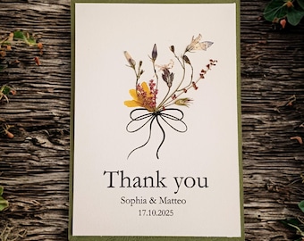 Tarjetas de agradecimiento personalizadas con flores prensadas (paquete al por mayor): postales hechas a mano con flores.