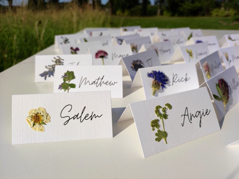 Handmade Pressed flower place cards with REAL flowers, Wedding table cards, Wedding place settings with meadow flowers, Flower Place names image 5