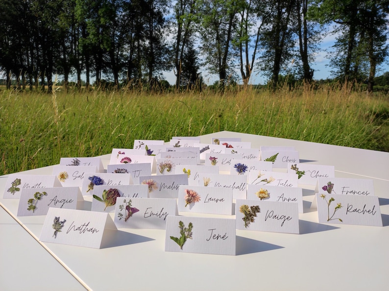 Handmade Pressed flower place cards with REAL flowers, Wedding table cards, Wedding place settings with meadow flowers, Flower Place names image 1