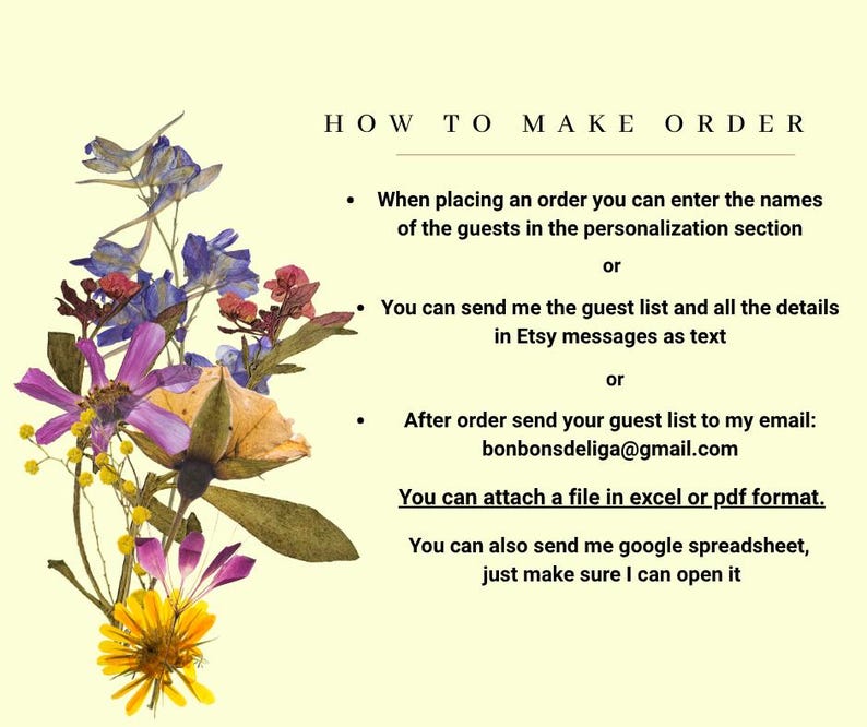 Personalized Wedding Place Cards: Real Pressed Wildflowers, Botanical Decor image 5