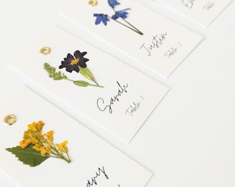 Handmade, Personalized Wedding Place Cards with real flowers.