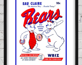 1951 Vintage Eau Claire Bears Baseball Scorecard Cover - Digital Reproduction