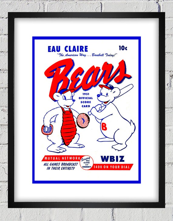 1951 Vintage Eau Claire Bears Baseball Scorecard Cover - Digital Reproduction