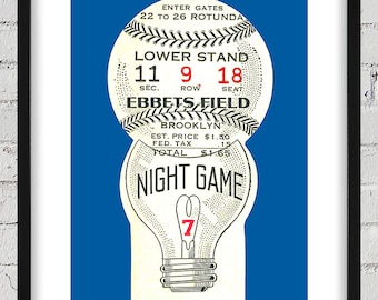 Vintage Brooklyn Dodgers Ebbets Field Night Game Ticket - Digital Reproduction