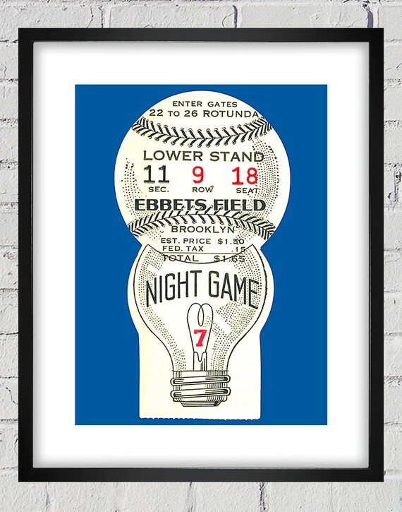 Vintage Brooklyn Dodgers Ebbets Field Night Game Ticket - Digital Reproduction