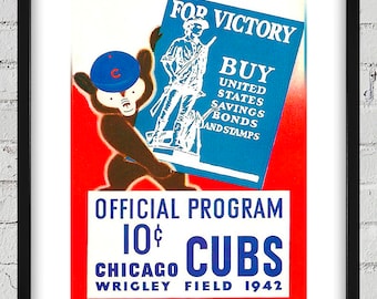 1942 Vintage Chicago Cubs Baseball Program Cover - For Victory - Digital Reproduction
