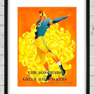 May include: A vintage poster advertising a football game between the Chicago Bears and the Green Bay Packers. The poster features a football player in a blue and yellow uniform, running with the ball. The background is a bright orange with a yellow chrysanthemum.