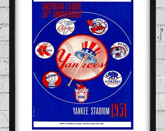 1951 Vintage New York Yankees Program Cover- American League - Digital Reproduction