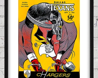 1961 Vintage Dallas Texans - San Diego Chargers Football Program Cover - Digital Reproduction
