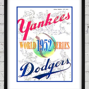 Może przedstawiać: Winietkowy program World Series z 1952 roku z udziałem New York Yankees i Brooklyn Dodgers. Program zawiera grafikę baseballową z nazwami drużyn w pogrubionych, kolorowych literach.
