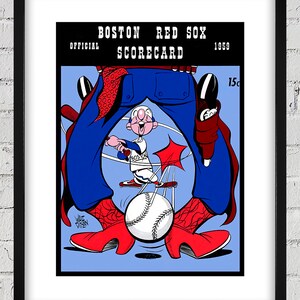 Könnte beinhalten: Eine Vintage-Scorecard der Boston Red Sox aus dem Jahr 1959 mit einer Cartoon-Illustration eines Baseballspielers in einem rot-weiß-blauen Trikot. Der Spieler hält einen Schläger und steht auf einem Baseball. Der Text "OFFICIAL SCORECARD" und "BOSTON RED SOX" ist in Weiß auf schwarzem Hintergrund gedruckt.