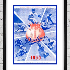 May include: A vintage 1950s baseball program for the Brooklyn Dodgers. The program features a red and white baseball with the team's name and years of championships. The program is blue and white with images of players in action.