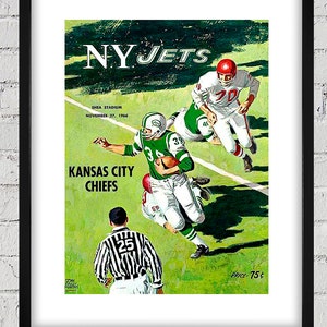 May include: A vintage New York Jets football game program cover featuring a green and white football player being tackled by a red and white player. The text on the cover reads "NY JETS", "SHEA STADIUM", "NOVEMBER 27, 1966", "KANSAS CITY CHIEFS", and "PRICE-75¢".