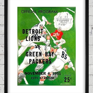 May include: A vintage green and white football program for the Detroit Lions vs. Green Bay Packers game on November 4, 1951 at City Stadium. The program features a cartoon illustration of the game with players in action. The price is 25 cents.