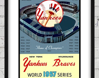 1957 Vintage New York Yankees - Milwaukee Braves World Series Baseball Program Cover - Digital Reproduction