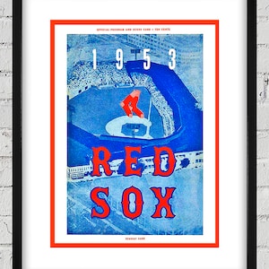 May include: A vintage 1953 Red Sox baseball programme and scorecard from Fenway Park. The programme features a blue and white image of the stadium with a red Sox player in the foreground. The text "OFFICIAL PROGRAM AND SCORE CARD - TEN CENTS" is printed at the top of the programme.
