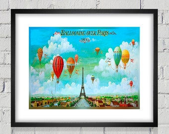 1890 Vintage Ballooning over Paris Travel Poster - Digital Reproduction