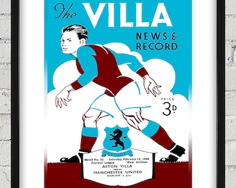1949 Vintage  Aston Villa - Manchester United English Football Program Cover - Digital Reproduction