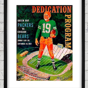 May include: A vintage Green Bay Packers game program from September 29, 1957, featuring a player in a green and orange uniform holding a football. The program is titled "Dedication Program" and features the team's logo and the words "Green Bay Packers vs Chicago Bears".