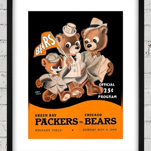 May include: A vintage 1949 Green Bay Packers vs. Chicago Bears game program featuring three cartoon bears wearing suits and hats. The program is orange and black with the text "Green Bay Packers vs. Chicago Bears" and "Wrigley Field" and "Sunday, Nov. 6, 1949".