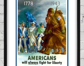 1943 Vintage World War II Poster - Americans will always fight for liberty - Digital Reproduction