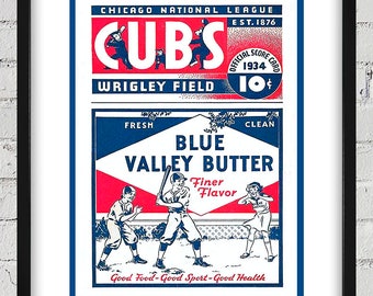 1934 Vintage Chicago Cubs Baseball Program Cover - Blue Valley Butter  - Digital Reproduction