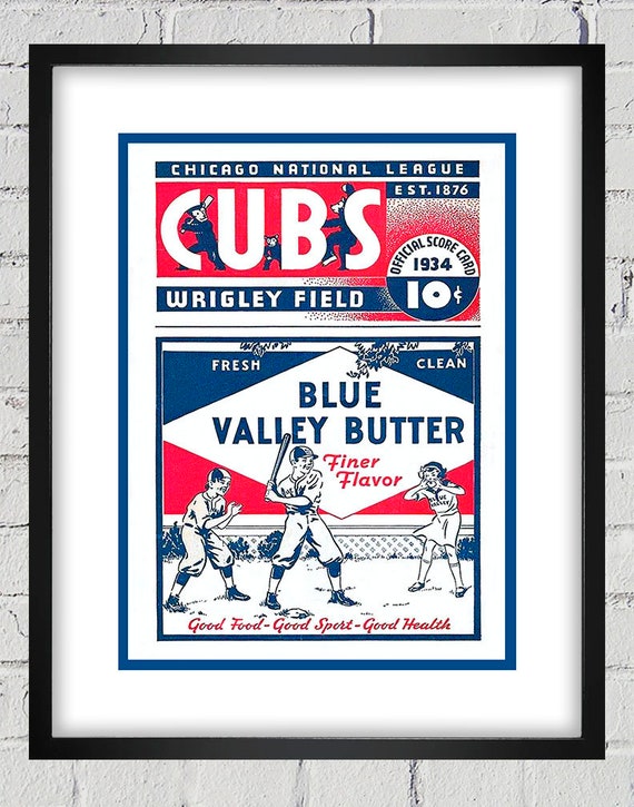 1934 Vintage Chicago Cubs Baseball Program Cover - Blue Valley Butter  - Digital Reproduction