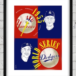 Może przedstawiać: Winietkowy program World Series z 1955 roku z udziałem New York Yankees i Brooklyn Dodgers. Okładka programu przedstawia piłkę baseballową z czerwono-biało-niebieskim kapeluszem na górze, słowo "Yankees" w niebiesko-białym kolorze i rok "1955" w kolorze żółtym. Program zawiera również portret mężczyzny w czapce Yankees i portret mężczyzny w czapce Dodgers. Program kosztuje pięćdziesiąt centów.