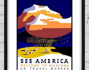 Vintage WPA Poster - See America - Welcome to Montana-Mountains - Digital Reproduction