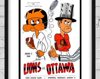 1960 Vintage Ottawa Rough Riders - BC Lions CFL Football Program Cover - Digitale reproductie