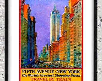 1932 Vintage Fifth Avenue - New York - Travel by Train Poster - Digital Reproduction