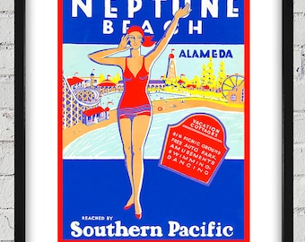 Vintage Alameda Neptune Beach - Southern Pacific Travel Poster - Digital Reproduction