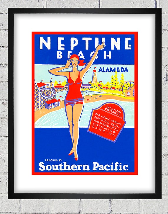 Vintage Alameda Neptune Beach - Southern Pacific Travel Poster - Digital Reproduction