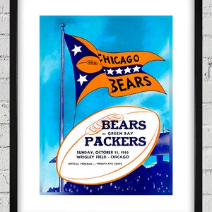 May include: A vintage Chicago Bears football game program from October 15, 1950, featuring a blue and orange football with the words "Bears vs Green Bay Packers" and the date of the game. The program also features a blue and orange flag with the words "Chicago Bears" and five stars.