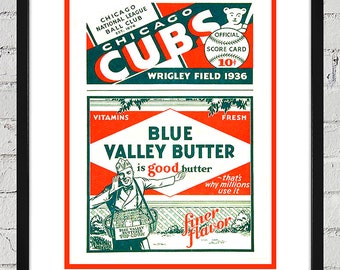1936 Vintage Chicago Cubs Baseball Program Cover - Blue Valley Butter - Digital Reproduction