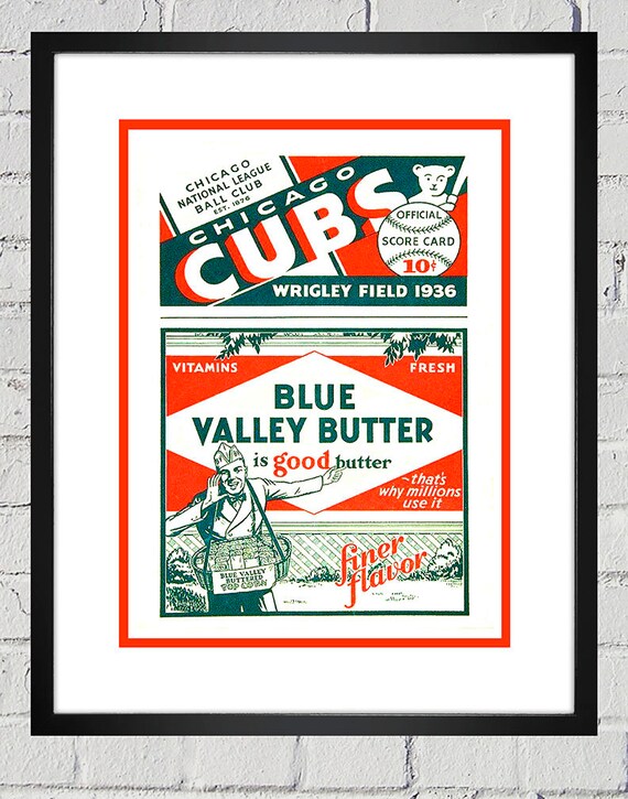 1936 Vintage Chicago Cubs Baseball Program Cover - Blue Valley Butter - Digital Reproduction