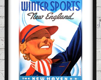1937 Vintage New England Winter Sports Travel Poster - New Haven Railroad - Digital Reproduction