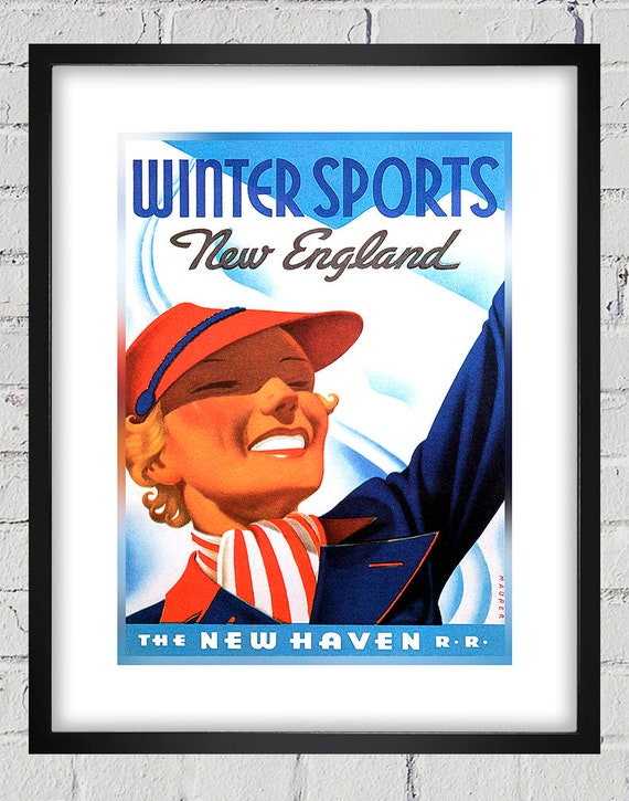 1937 Vintage New England Winter Sports Travel Poster - New Haven Railroad - Digital Reproduction