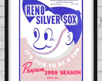 1959 Vintage Reno Silver Sox - California League Baseball Program Cover - Digital Reproduction