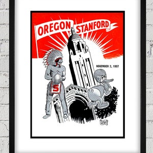 Op de afbeelding: Een vintage poster voor de voetbalwedstrijd tussen Oregon en Stanford op 2 november 1957. De poster toont een cartoon van de Oregon Duck en de Stanford Indian mascot, met de Stanford University Clock Tower op de achtergrond.