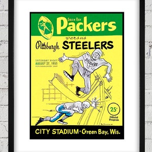May include: Framed vintage poster for a Green Bay Packers versus Pittsburgh Steelers football game. The poster features a green and yellow color scheme with illustrations of players in action. Text includes "CITY STADIUM Green Bay, Wis."