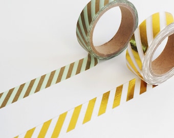 Gold Foil Stripe Washi Tape 10m, planner supplies, diagonal stripe washi tape, scrabooking tape, journal planner accessories, gold foil tape