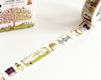 Woodland Washi Tape 7m, fournitures de planificateur, amis de la forêt masquant du ruban adhésif, ruban floral washi, ruban adhésif animal, bande de scrapbooking mignon, cadeaux de lapin