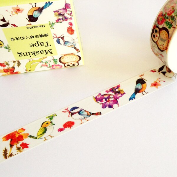 Song Bird Washi Tape 10m, suministros de planificador de diario, cinta de enmascaramiento de aves bonitas, fabricación de tarjetas de álbum de recortes, cinta washi floral, suministro artesanal